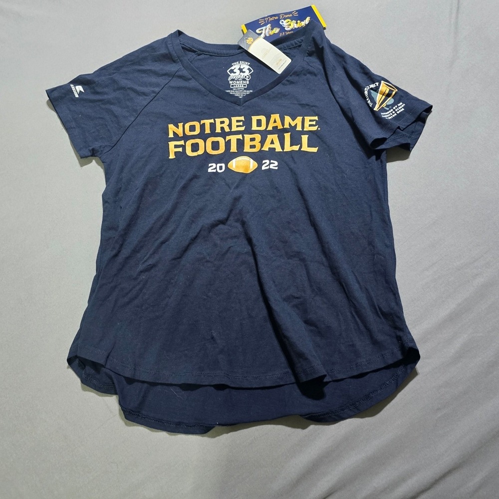 New University of Notre Dame Football Womens V Neck T Shirt Large Navy Blue 2022